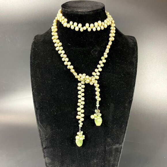 Artisan Green Freshwater Pearl Quartz Long Lariat Necklace Beaded Tassels - Picture 1 of 5